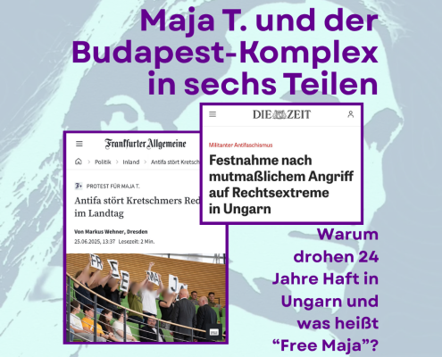 Schrift hinter Bild von Maja T.: Maja T. und der Budapest-Komplex in sechs Teilen